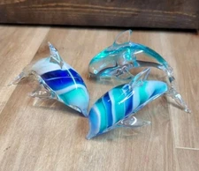 3 Hand Blown Blue and White Swirled Glass Dolphins Murano-Style Figurine 6" 