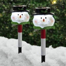 Set of 2 Solar Powered Frosty The Snowman Face Christmas Garden Pathway Stakes