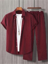Men Summer Outfit 2-Piece Set Stripe Short Sleeve Shirt  Pants Daily Casual Set