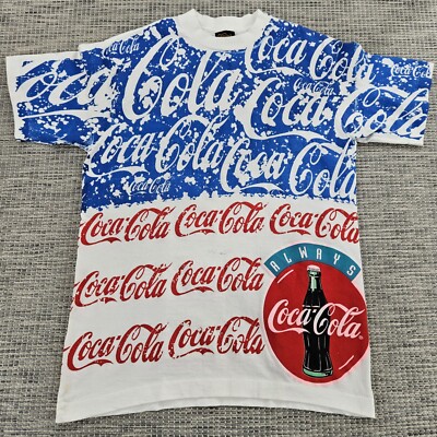 Vintage Coca Cola AOP T Shirt 1990s USA Made Size Large Red White