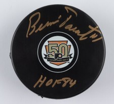 Bernie Parent Signed 50th Flyers Anniversary Hockey Puck Inscribed HOF 94 JSA