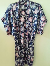 Circa 2000 Vtg '90s Sz L Satin Robe Dark Blue w Pink Purple Tulips Romantic