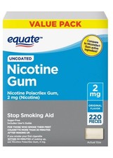 220 Count Equate Uncoated Nicotine Gum 2 mg, Original Flavor   Stop Smoking Aid