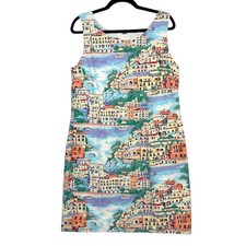 Talbots Amalfi Coast Scenic Print Shift Dress Womens Size 14P Whimsical Summer