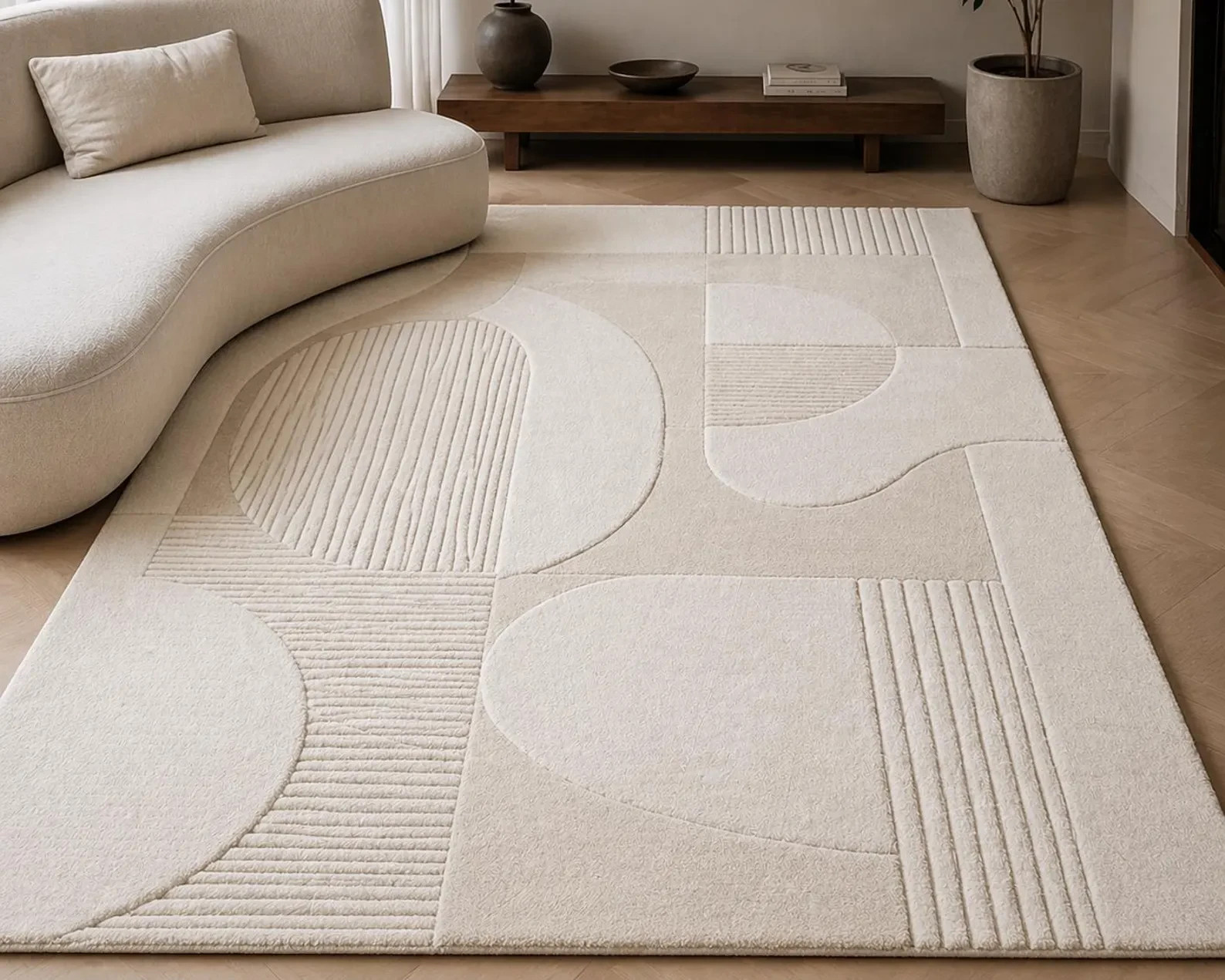 Cream Geometric Hand Tufted Wool Rug