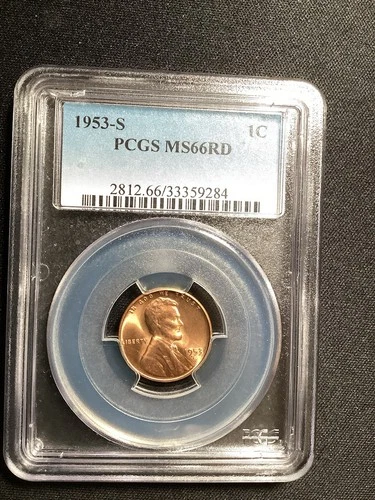 Beautiful High Grade 1953-S Lincoln Cent.  PCGS GRADED MS66 RED