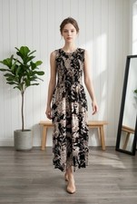 NWT Calvin Klein Floral Smocked Midi Dress Black Taupe Sleeveless Size 6