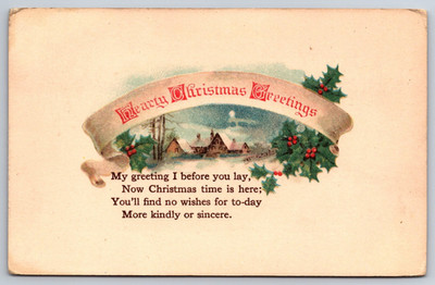 Hearty Christmas Houses Snowy Poem My Greeting I before you lay Vintage Postcard