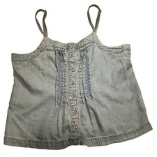 Pleated Denim Tank Top Lyocell Cotton Blend Adjustable Straps Size M Light Blue