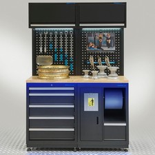 Datona  Premium Werkbank 136 cm Eiche + 5 Schubladen H&auml;ngeschr&auml;nken Lochwand LED