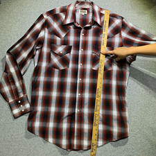 Ely Cattleman Men  s L Plaid Pearl Snap Long Sleeve Shirt Pockets Brown/White