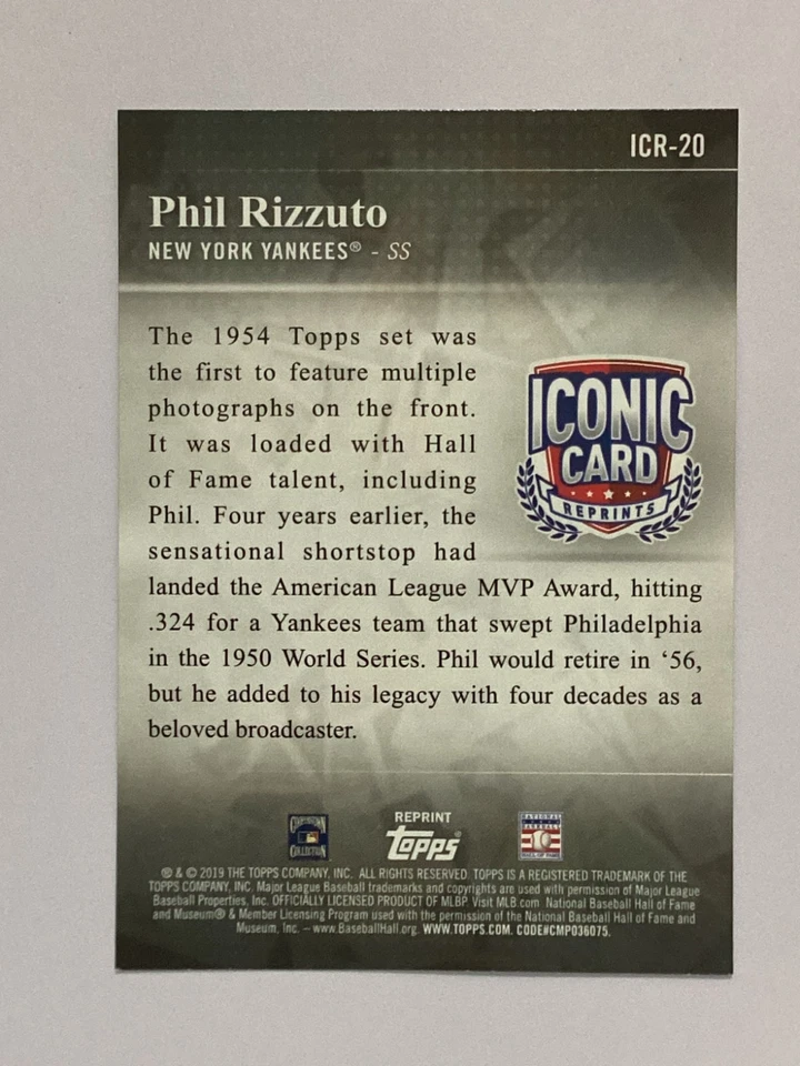 2019 Topps Iconic Card Reprints #ICR-20 Phil Rizzuto Yankees 1954 #17 - Image 2 of 2