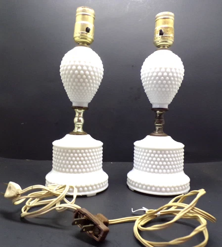 Vintage Hobnail Milk Glass Table Lamps, Fenton Art Deco Boudoir Lighting