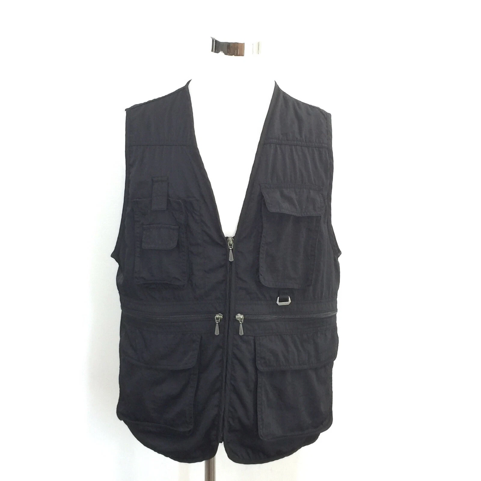 Deeper Club Men Sz L Black Nylon Photography Hiking Zip Front Vest Large Pockets