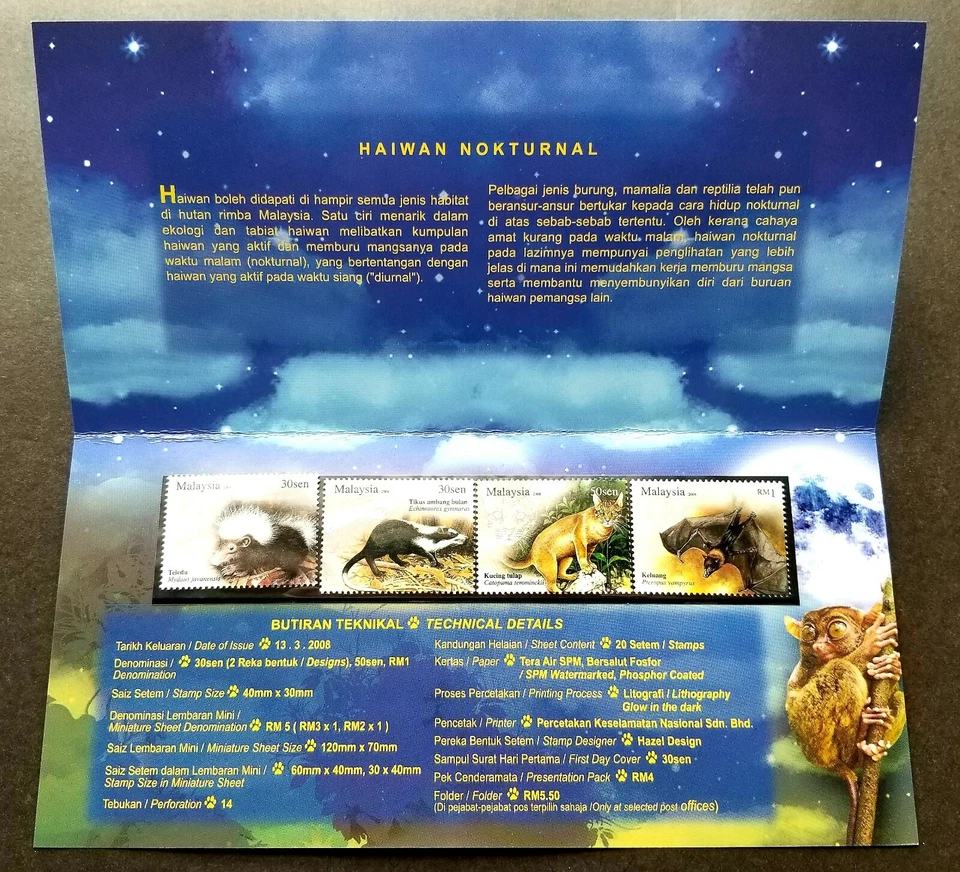 *ENVÍO GRATUITO Malasia Animales Nocturnos 2008 Murciélago Vida Silvestre Gato Salvaje (paquete) MNH Foto 2 de 4