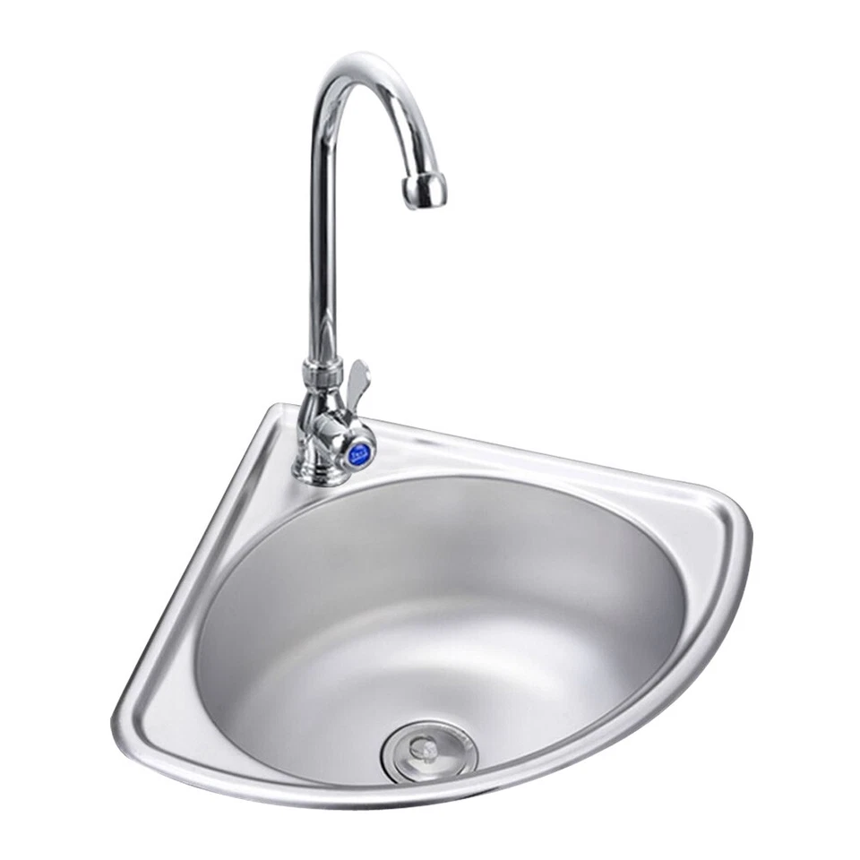 Single Triangle Wash Basin Corner Sink Mini Bar Sink Stainless Steel w/ Faucet - Image 2 of 4
