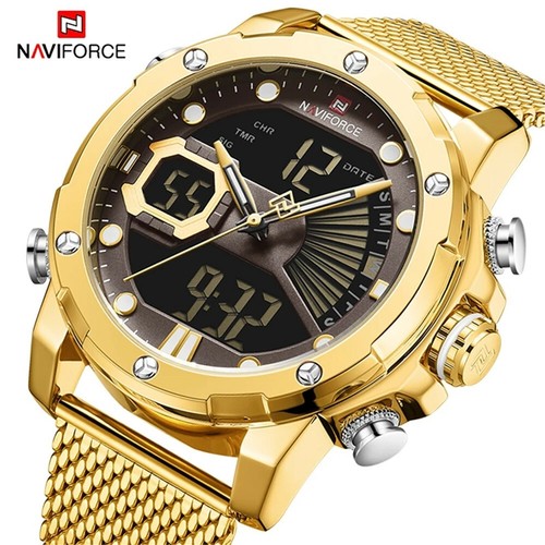 NAVIFORCE Mens Sport Watches Gold Steel Luxury Wristwatch Digital Alarm Watch - Photo 1/26