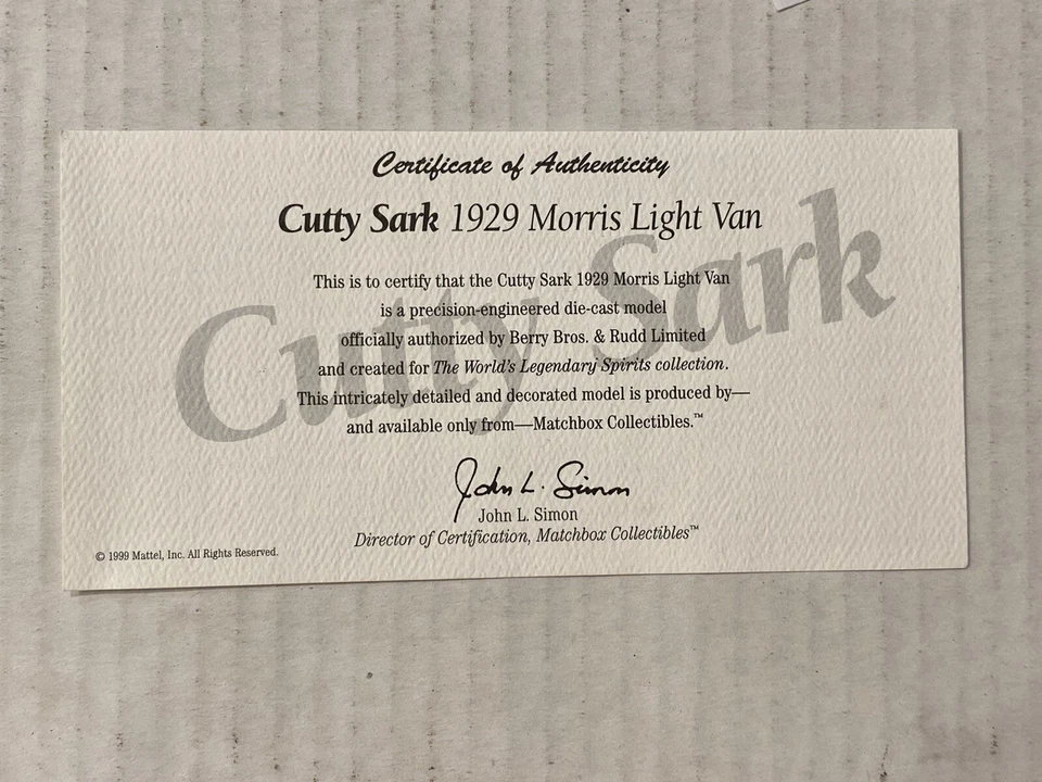 Matchbox Cutty Sark 29 1929 Morris Light Van Scotch Whiskey w/COA 1:43 B100 - Image 2 of 4