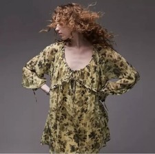 Topshop Floral Print Babydoll Dress Yellow Black Chunk Size 8