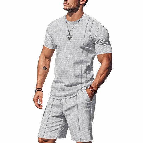 American Summer Men's Waffle Knit Short Sleeved Shorts Set Cotton Street Wear - Picture 24 of 25