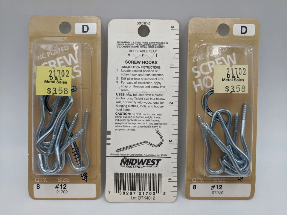 Zinc Plated #12 Screw Hooks, Midwest Fastener, 21702, New - Image 2 of 2