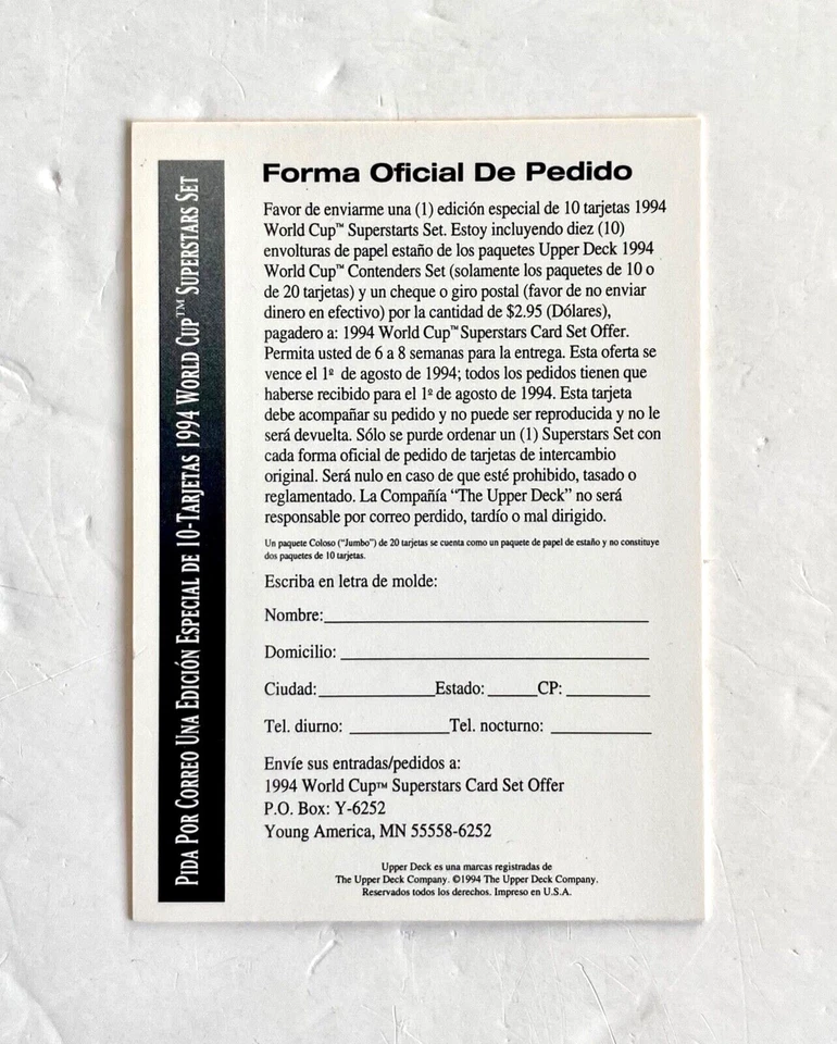 De colección 1994 Upper Deck Copa Mundial EE. UU. 94 Superstar Set Cartas Tarjeta Sellada Nuevo de Lote Antiguo Foto 4 de 4