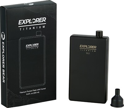 Explorer Bear Black Titanium Camping Pocket Flask with Funnel, 6.8 fl oz (200 ml