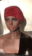 Aso-Oke African Headtie Auto Gele, Red Stoned Ready Made Gele Fabric Head Wrap