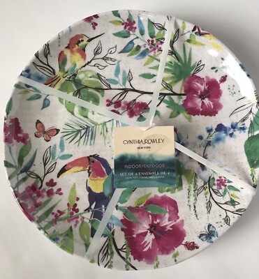 Cynthia Rowley Melamine Dinner Plates Toucan Birds Flower Set Of (4) New 