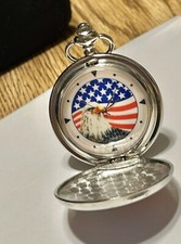 Men  s American Eagle Patriotic Silvertone Quartz Pocket Watch WORKS NEW BATTERY