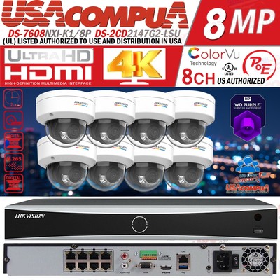 Hikvision 8CH 8POE 4K IP Camera System DS-2CD2147G2-LSU 4MP AcuSense ColorVu Lot