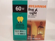 Yellow Bug Light Bulb 60W Watt Sylvania 2 Pack Outdoor Porch Non-attracting 60