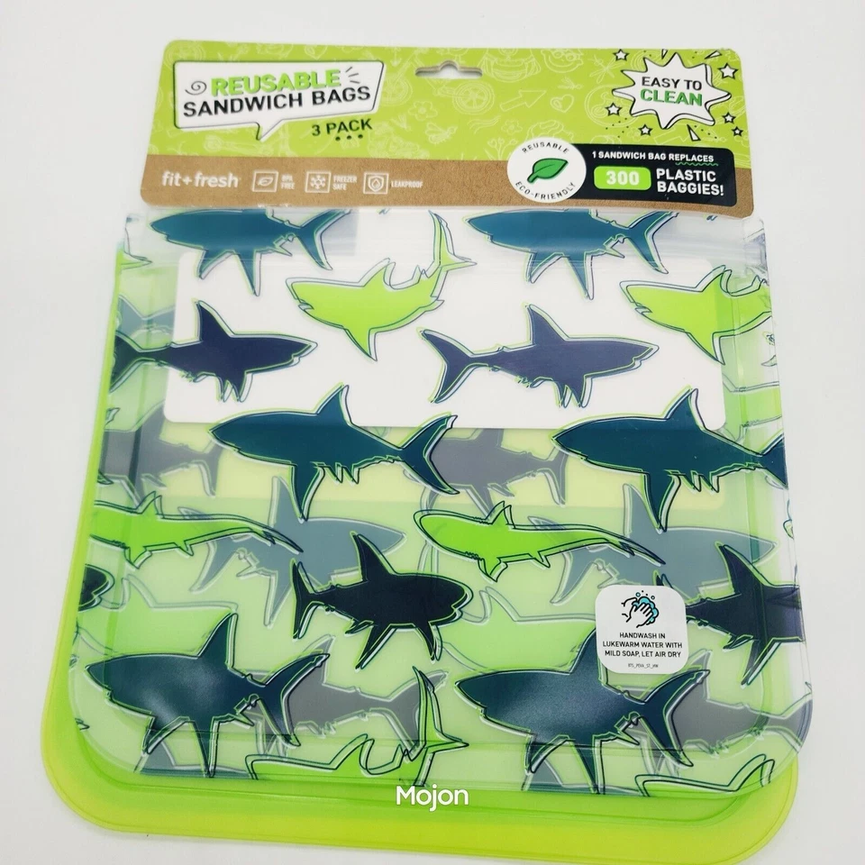 Lot Of 9 Fit + Fresh Reusable Sandwich Bags Eco-Friendly Sharks 3 Packs X 3 Each - Image 2 of 4
