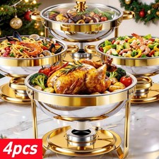4 PCS 9Qt Round Chafing Dish Buffet Set 316 Stainless Steel Gold W/Glass Lids