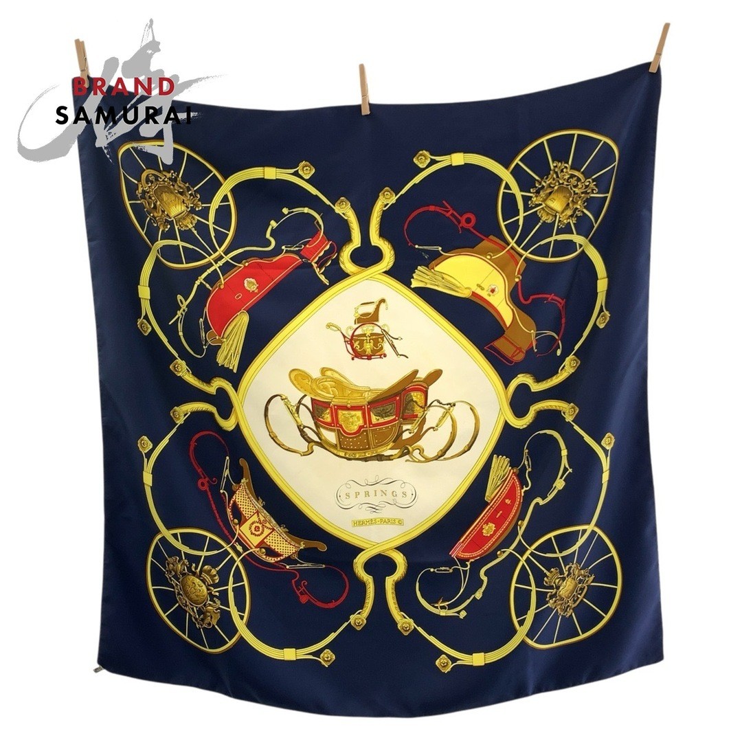 Hermes Carre90 Navy Multicolor Silk Scarf Large Women 504279 Pre-Owned