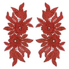 2 Pack 10x5 Inches 3D Flower Lace Applique with Rhinestone for Wedding, Red