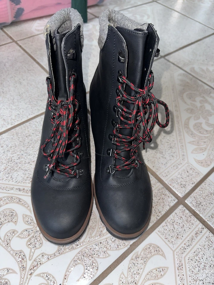 Botas de combate de cuero sintético negras con cordones tacón cuña para mujer talla 9 Foto 3 de 4