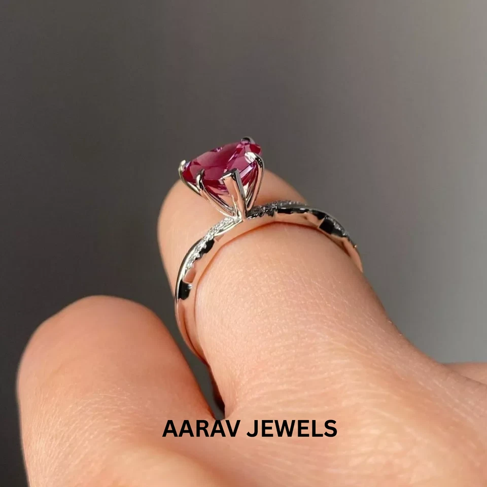 2 克拉心形天然粉红色红宝石单颗订婚戒指 14K 镀白金 — 第 2/4 张图片