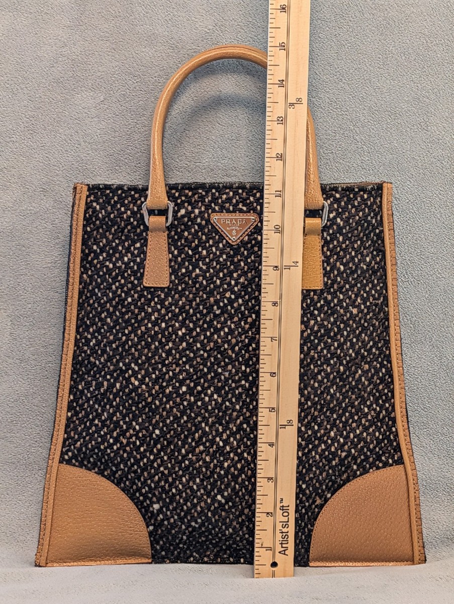 PRADA tweed × leather tote bag Prada Vintage Tweed Tote Bag Brown Tan Leather Italy | eBay