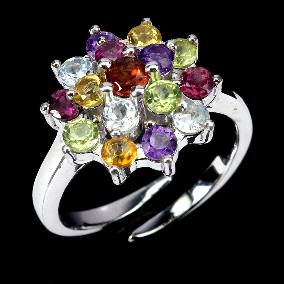 925 Anello Argento Sterling Rotondo Rodolite Citrino Peridoto Gemma Misura 8 - Immagine 2 di 4