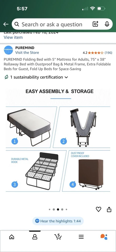 Cama Plegable con 5 Colchones para Adultos 75x38 Cama Plegable con Bolsa de Almacenamiento Foto 2 de 3