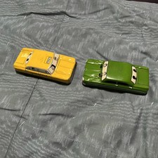 Vintage 50s Japan Tin Metal Litho Toy Friction Green Car 4" Yellow Taxi Cab