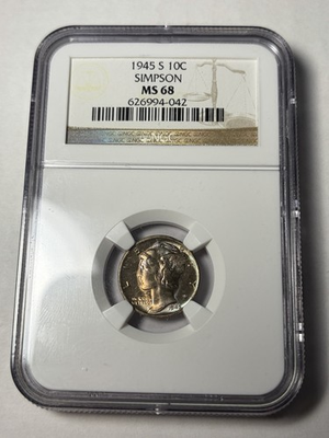 #ad 1945 S NGC MS68 Mercury Dime Rainbow Toned Simpson Collection $750.00