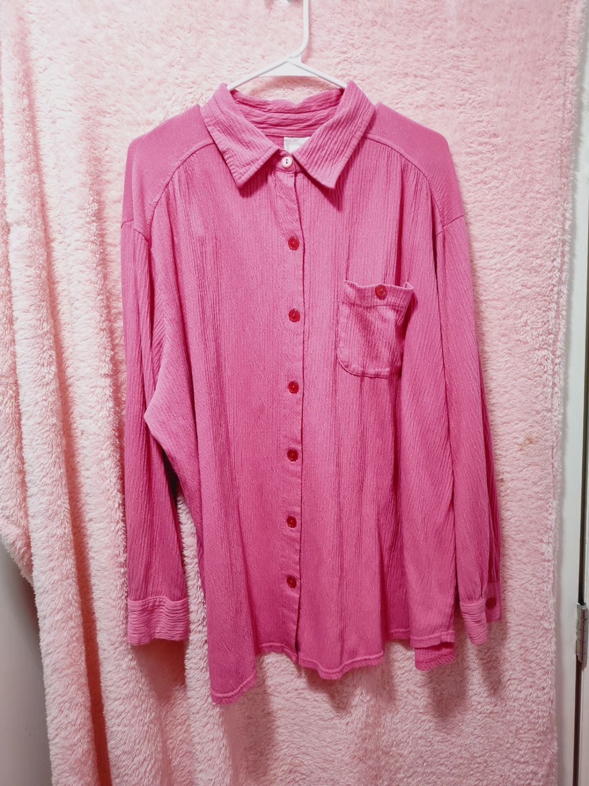 Roaman’s Women’s Plus 2X Pink Solid Collared Long Sleeve Button-Up Shirt