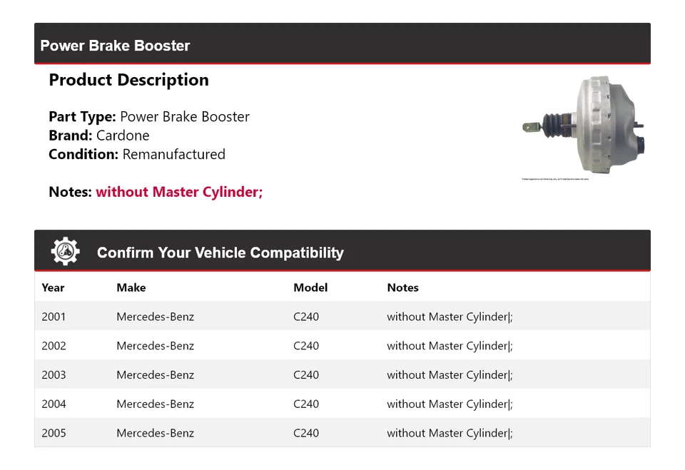 Para Mercedes-Benz C240 2001-2005 Power Brake Booster Cardone 2002 2003 2004 Foto 2 de 4