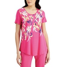 JM Collection Women's Short Sleeve Scoop Neckline Printed Tunic Fuchsia Purple