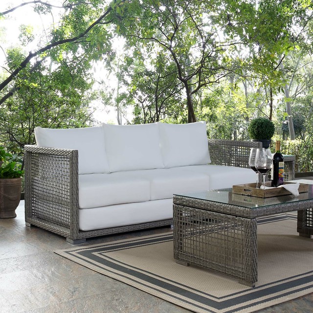 Modway Eei 2923 Gry Whi Aura Outdoor Patio Wicker Rattan Sofa Gray White For Sale Online Ebay
