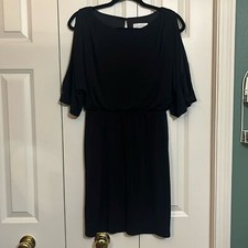 Y2K Little Black Dress Spandex Elastic Waist Slit Cut Sleeves Crew Neck Evening