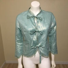 Vintage Nicole Miller Collection Blazer S Green Gold Shimmer Linen Pockets Ties