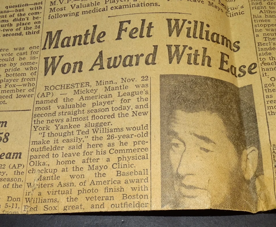 Nov. 23, 1957 Mickey Mantle Named A.L. MVP (RAGGED/POOR newspaper clipping) - Image 2 of 3